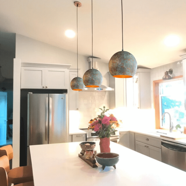 Green Patina Copper Kitchen Island Pendant Light — Globe Shaped - Image 2