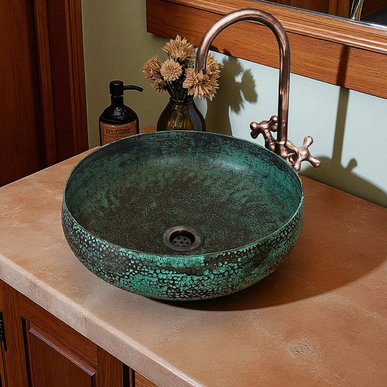 Rustic Copper Bathroom Sink Bowl – Green Patina Vanity Washbasin 5 Rustic Copper Bathroom Sink Bowl