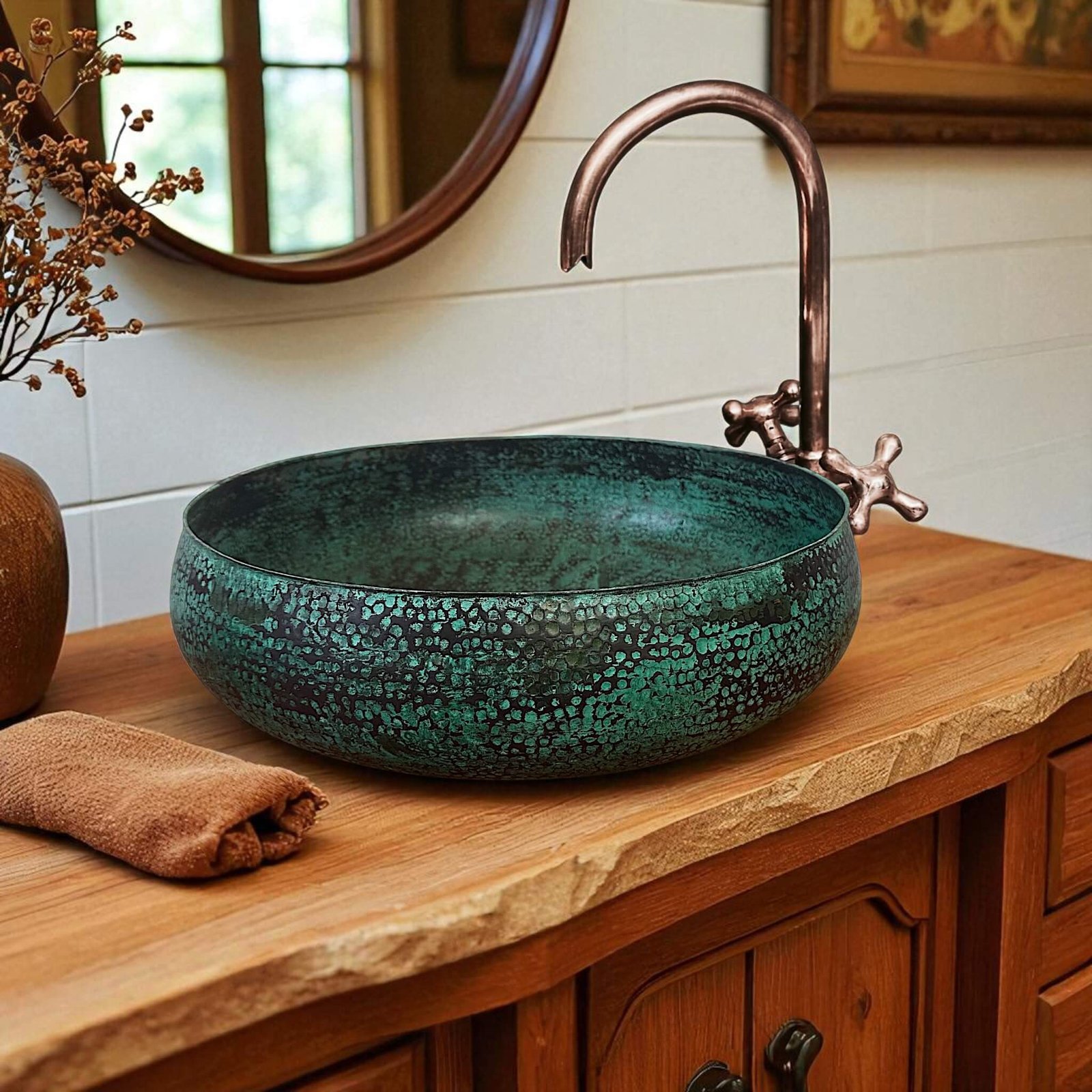 Rustic Copper Bathroom Sink Bowl – Green Patina Vanity Washbasin 1 Rustic Copper Bathroom Sink Bowl